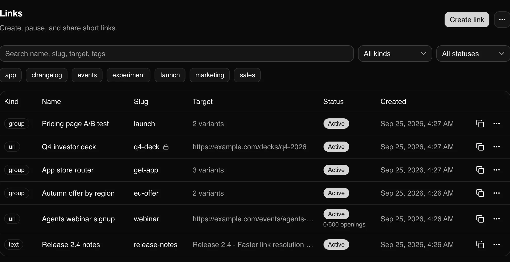 The Linkdash dashboard listing short links with their kind, slug, target, and status
