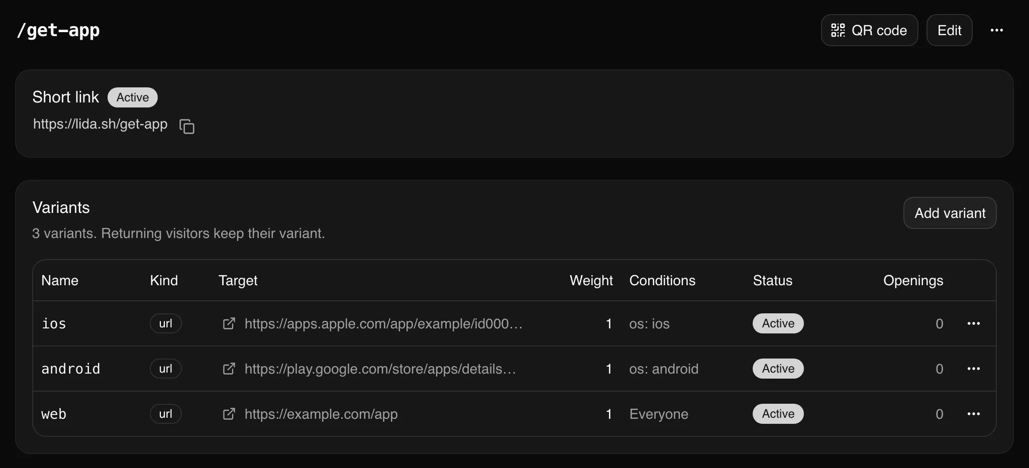 A Linkdash link routing visitors to the App Store on iOS, Google Play on Android, and a web page for everyone else
