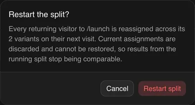 The Restart the split confirmation, warning that current assignments are discarded