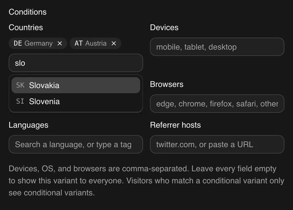 Picking target countries for a variant in the Linkdash dashboard, with Germany and Austria selected