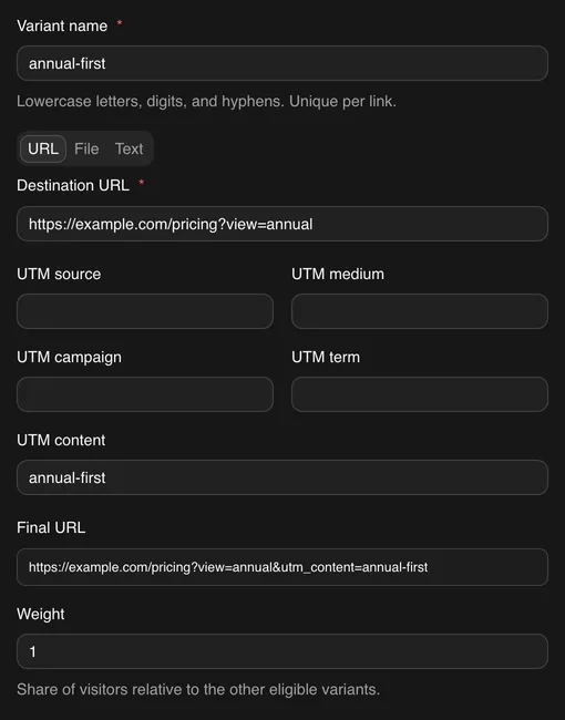 The Add variant form, showing UTM content set to annual-first and the final URL with utm_content appended